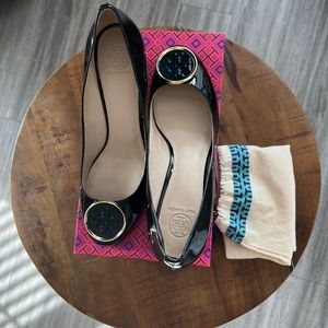 Tory Burch patent leather wedge with box and shoe bag. Pristine condition